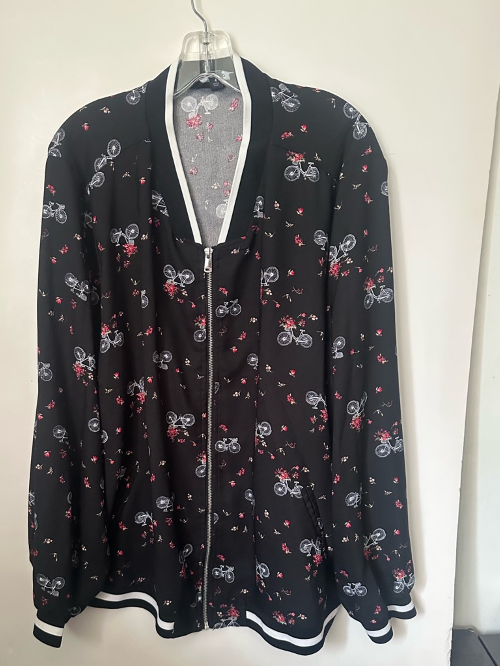 TORRID Black Floral & Bicycle Print Zip-Up Light Bomber Jacket